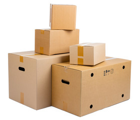 Stack of cardboard boxes isolated on white background