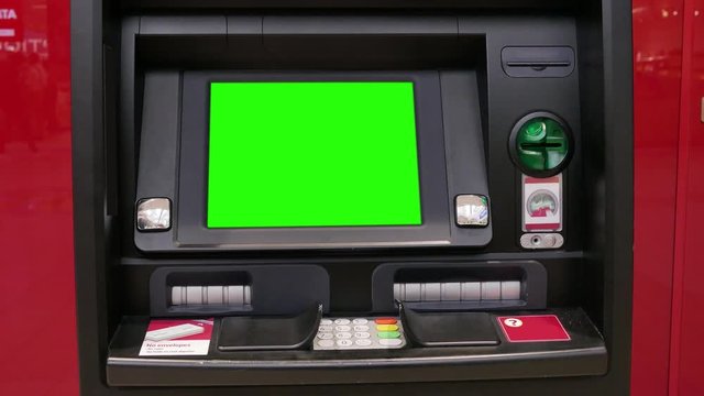 Motion of green screen at ATM machine inside Burnaby shopping mall with 4k resolution