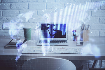 Multi exposure of business theme icons and work space with computer background. Concept of success.