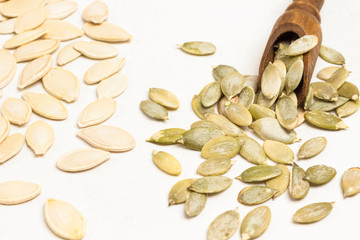 Pumpkin seeds are a natural source of calcium, omega-3 and potassium. Health food fitness.