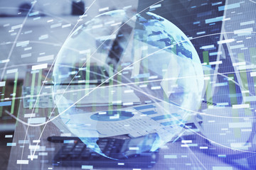 Multi exposure of business theme icons and work space with computer background. Concept of success.