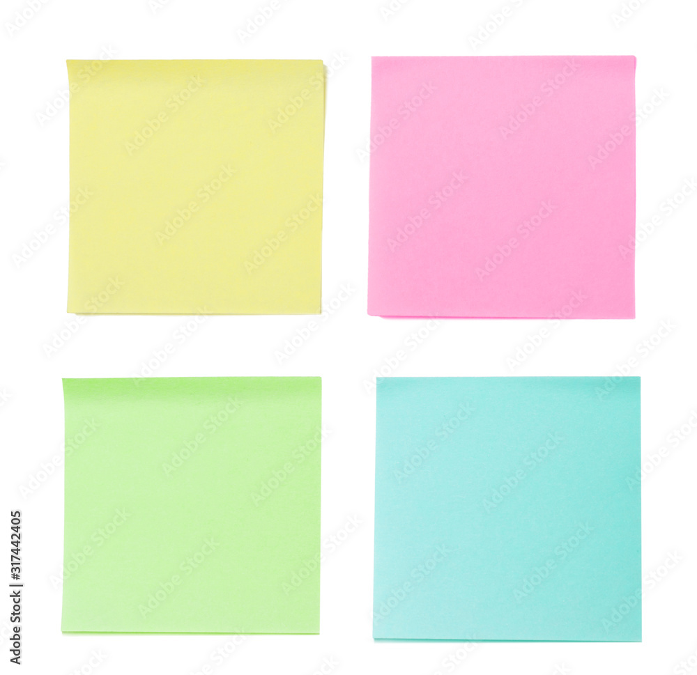 Poster close-up of set of colorful and blank sticky notes with copy space for text or message. isolated on 