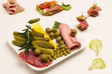 Breakfast buffet table with a variety of snacks