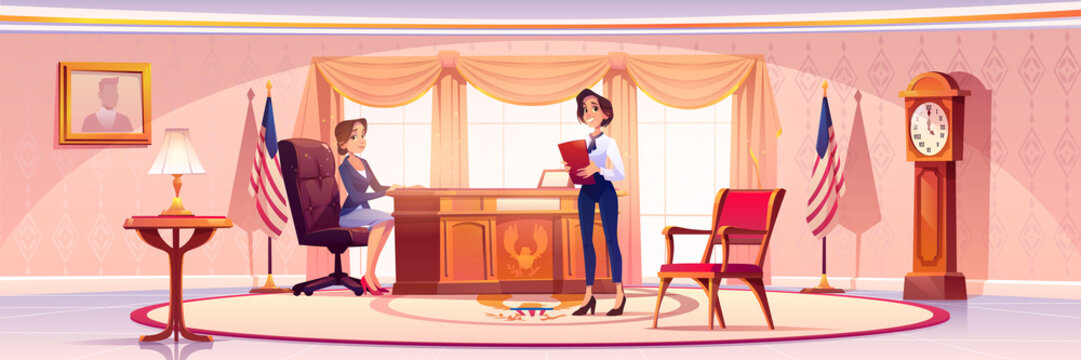 American Presedent And Secretary In Oval Office In White House. Vector Cartoon Illustration Of Two Women Politician In Government Cabinet With Vintage Furniture, Flag Of USA And Portrait On Wall