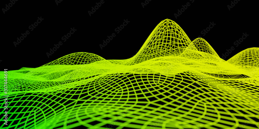 Poster data technology abstract futuristic green and yellow low poly shape glowing wire mesh surface on dar