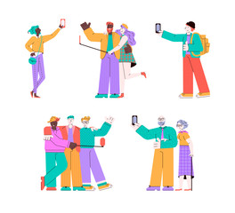 Cartoon people taking a selfie - isolated set of men in group hug, old and young couple