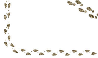 White background with prints of traces of women and men shoes with leopard print. Banner template with free space for text. Vector illustration.