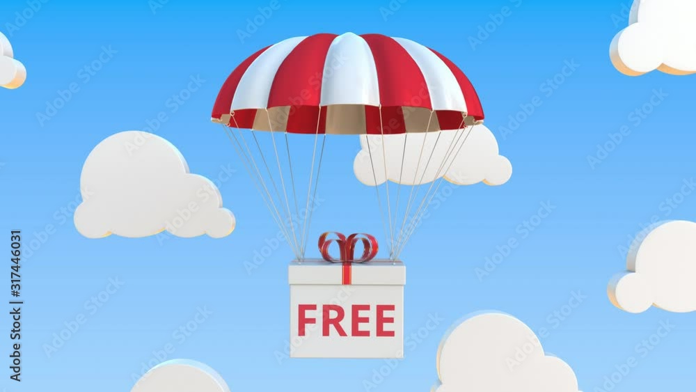 Aufkleber box with free text falls with a parachute. loopable conceptual 3d animation