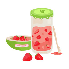 Vector illustration of jar of strawberry jam. Cute cartoon style. Fruit illustation.