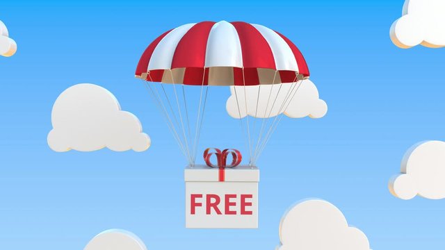 Box with FREE text falls with a parachute. Loopable conceptual 3D animation