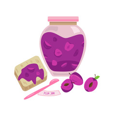 Vector illustration of jar of plum jam. Cute cartoon style. Fruit illustation.