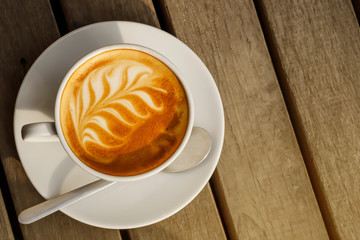 coffee photography with latte art coffee flat lay top view