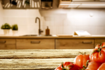 Desk of free space and kitchen interior 