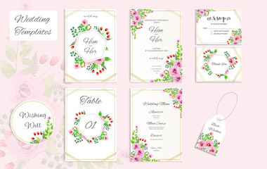Fototapeta na wymiar Elegant wedding invitation with watercolour flowers and green leaves design. Template set vector image.
