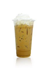  Iced coffee covered with whipped cream caramel in plastic glass to go isolated on white background. This has clipping path. 