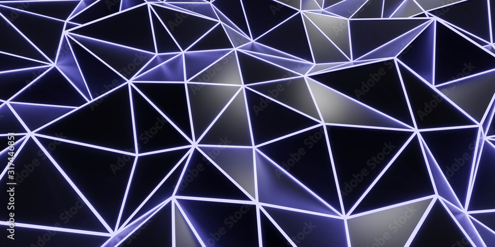 Poster glowing geometric triangular structure with blue light wire mesh, modern science and tech object 3d 