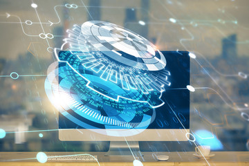 Technology theme drawing and work space with computer. Multi exposure. Concept of innovation.