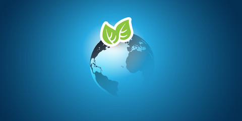 Blue Global Eco Concept Design Layout - Green Leaves and Earth Globe - Vector Template