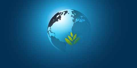 Blue Global Eco Concept Design Layout - Green Leaves and Earth Globe - Vector Template