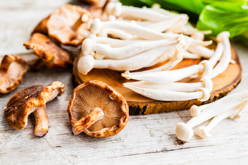 Fresh Shimeji and Shitake mushrooms on a wooden board.