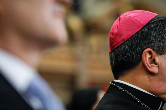 Details with a zucchetto - a small, hemispherical, form-fitting ecclesiastical skullcap worn by clerics of various Catholic churches on the head of a man.