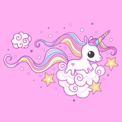 Cute little unicorn with a long mane. Children's illustration vector