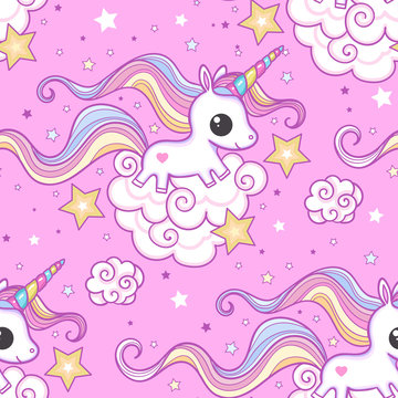 Seamless pattern with unicorn on a pink background. Children's design. Vector