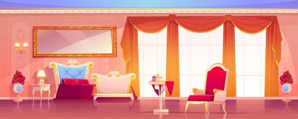 Palace room royal empty interior in classical empire style, luxury lounge apartments. comfortable castle chamber with retro furniture and floor-to-ceiling window background Cartoon vector illustration