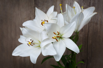 Bouquet of white lilies on a textural background of an old wood.