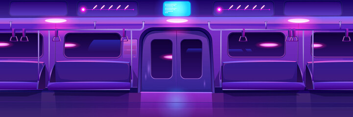 Metro interior with neon glowing illumination, empty subway, underground tube design with seats and door. Modern public railway, metropolitan railroad urban transportation. Cartoon vector illustration - obrazy, fototapety, plakaty