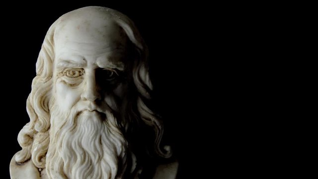 half length portrait of Leonardo da Vinci rotating on a black background
