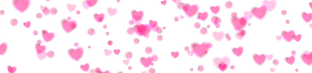 White greeting banner with pink shiny glowing hearts with bokeh effect. St Valentines Day vector background