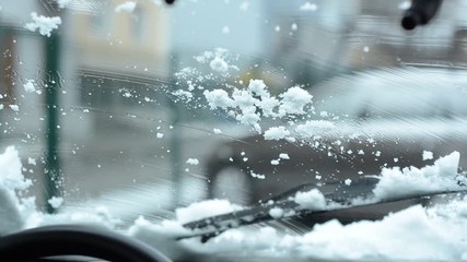 Car wiper blades clean windshield from snow in winter - Powered by Adobe