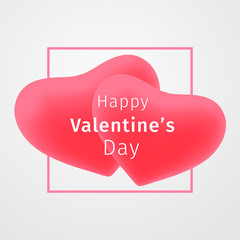 Happy Valentines Day greeting card. Couple 3d red hearts with a frame with inscription on white background. Festive valentine day banner, flyer, poster, leaflet, header, emblem