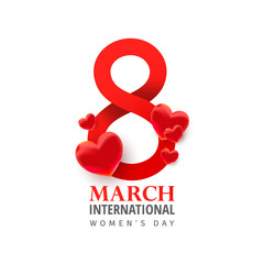 Number March 8 with heart shaped decor on a white background. Can use for web banner, poster, discount.