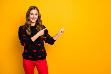 Photo of pretty lady indicating finger empty space advising low discount shopping season prices...