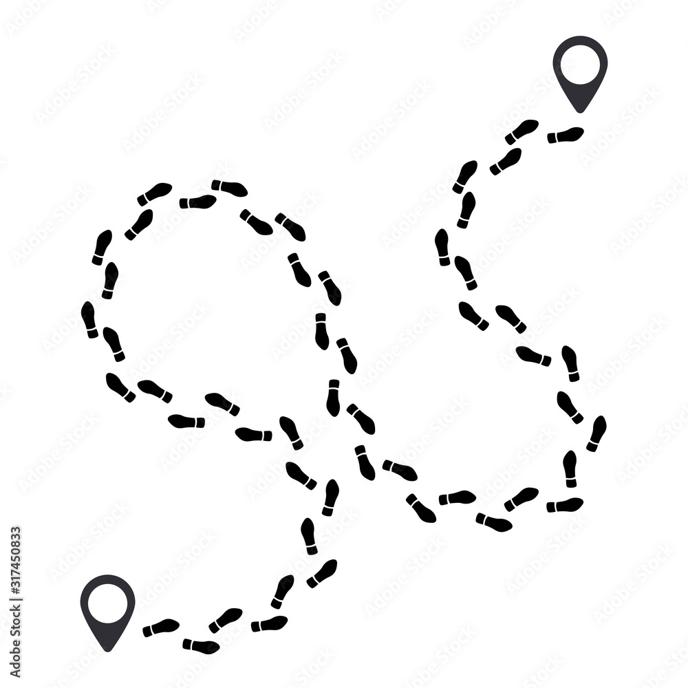 Poster human foot prints path with tag points. traveler man boot steps tracking on route isolated on white 