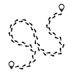 Human foot prints path with tag points. Traveler man boot steps tracking on route isolated on white background. Foot print brush