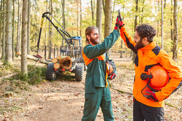 Zwei Holzfäller geben sich ein High Five