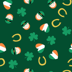 Seamless pattern for Saint Patrick s Day. Leprechaun, horseshoe, shamrock and heart in irish flag colors. Background for web or wrapping