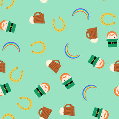 Seamless pattern for Saint Patrick s Day. Leprechaun, horseshoe, rainbow and beerfor web or wrapping