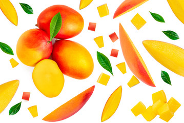 Mango isolated on the white background.  Creative layout made of Mango fruit  slices.   Pattern.   Top view. Flat lay.