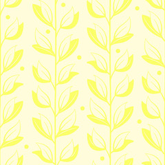 Vector seamless pattern with yellow vertical abstract branches and leaves; floral design for fabric, wallpaper, textile, web design.