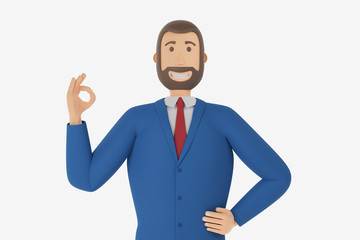 Cartoon character, businessman in suit shows okay or OK gesture. Concept with okay or OK gesture. 3d rendering