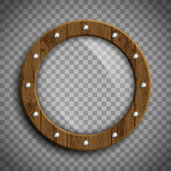 Round window porthole. Wooden frame. Template isolated on a transparent background.