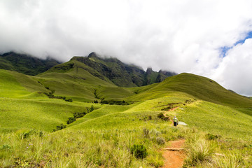 A hiking man on a small path leading to Blindman's Corner, green meadows and soft green mountains, Monk's Cowl, Champagne Castle and Cathkin Peak shrouded in clouds, Drakensberg, South Africa