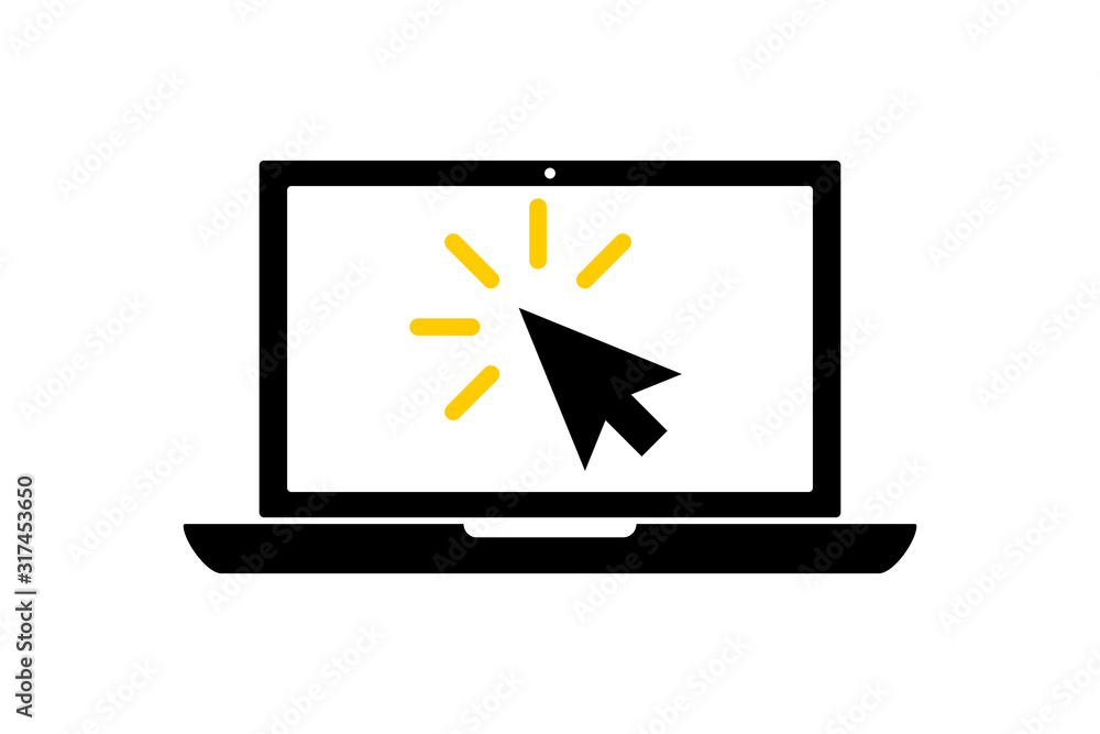 Poster flat black laptop icon with cursor or pointer isolated on white. concept of using screen mobile comp