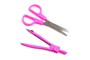 Pink compasses for drawing and scissors  Isolated on white background - Image