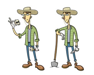 Funny cartoon archaeologist character, set of two figures. Flat vector illustration, isolated on white background.