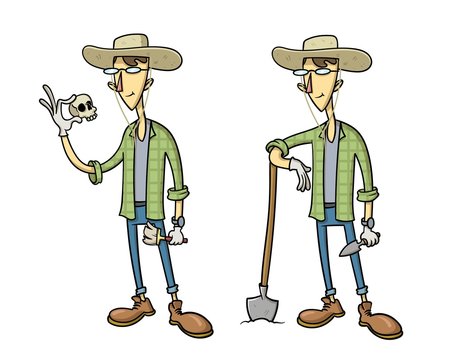 Funny Cartoon Archaeologist Character, Set Of Two Figures. Flat Vector Illustration, Isolated On White Background.